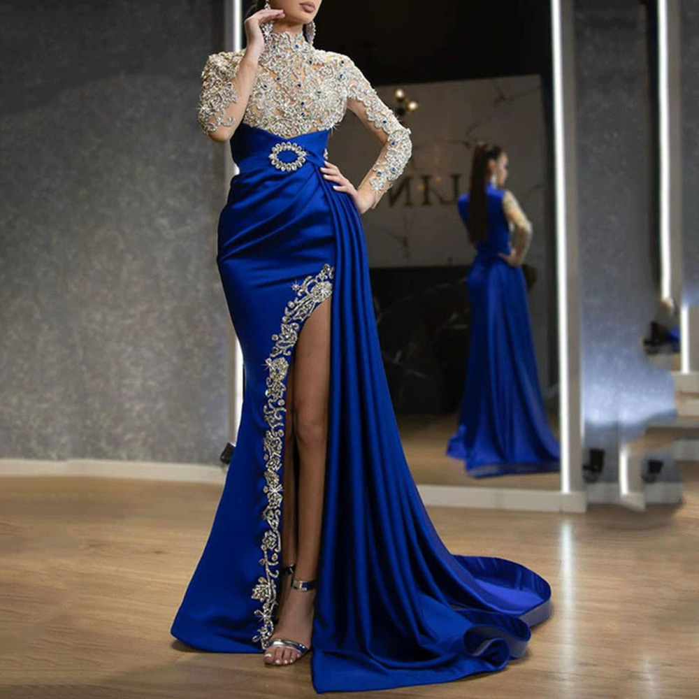 ZARA Spring Summer Blue Gold Sequin Round Neck Sexy Patchwork Evening Long Dress